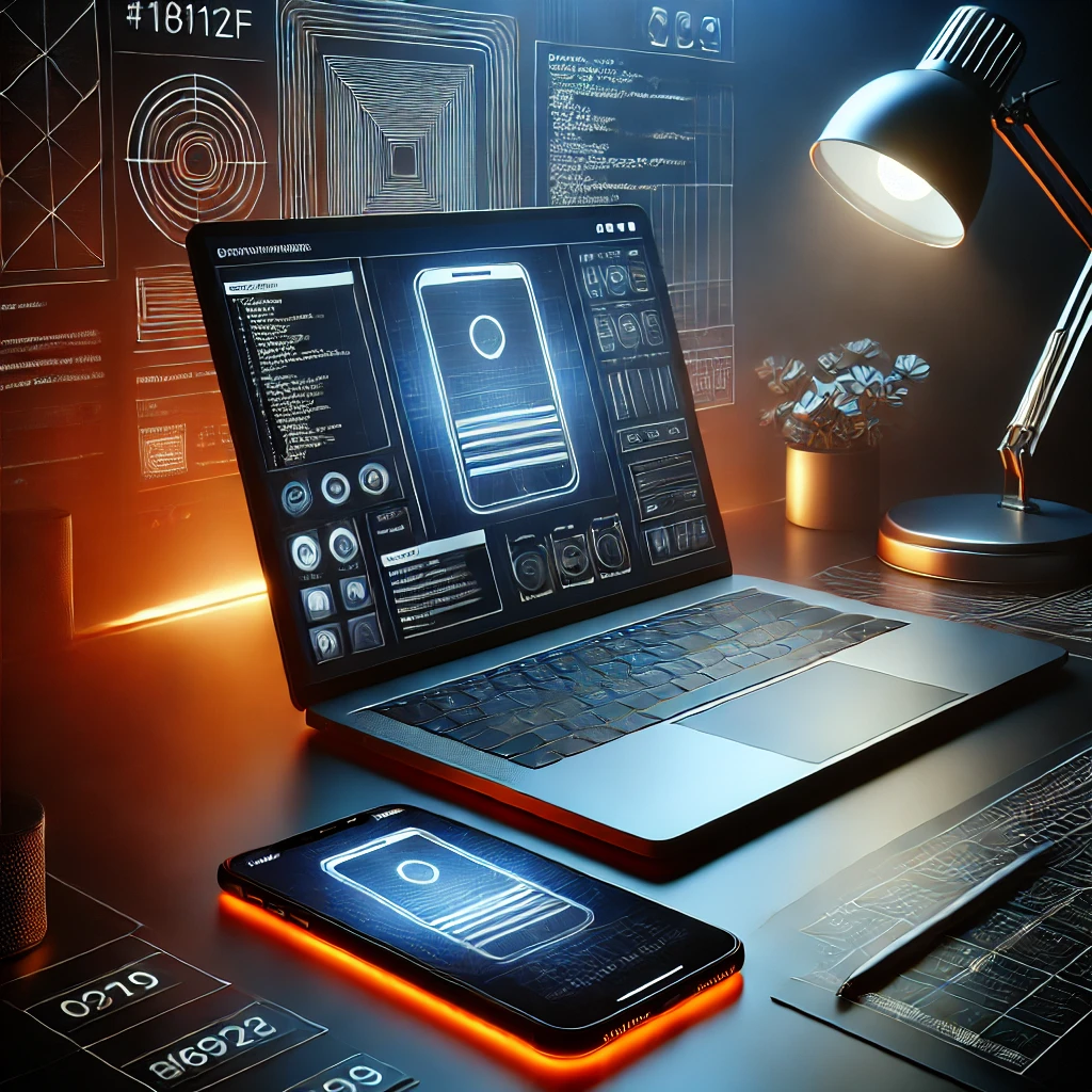 DALL·E 2025-02-02 13.40.41 - A modern, realistic workspace with a sleek laptop displaying a mobile app prototype. The scene is illuminated with stylish lighting, incorporating dar